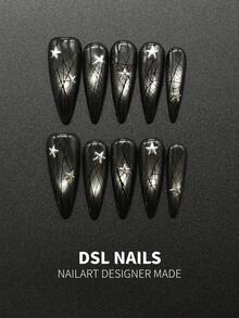 10pcs Handmade Stiletto Press-On Nails, Black-Silver Gradient Base With Delicate Black Crackle Texture And Metallic Silver Four-Pointed Stars, Dark Gothic Y2K Style, Sharp Pointed Shape For Visual Finger Lengthening, Suitable For Streetwear, Music Festivals, Parties And Niche Daily Looks, Comes With Full Set Of Nail Glue Tools For Easy Home DIY Manicure, Gift For Those Who Love Cool Dark Star Nails - Gradient Black - View 1