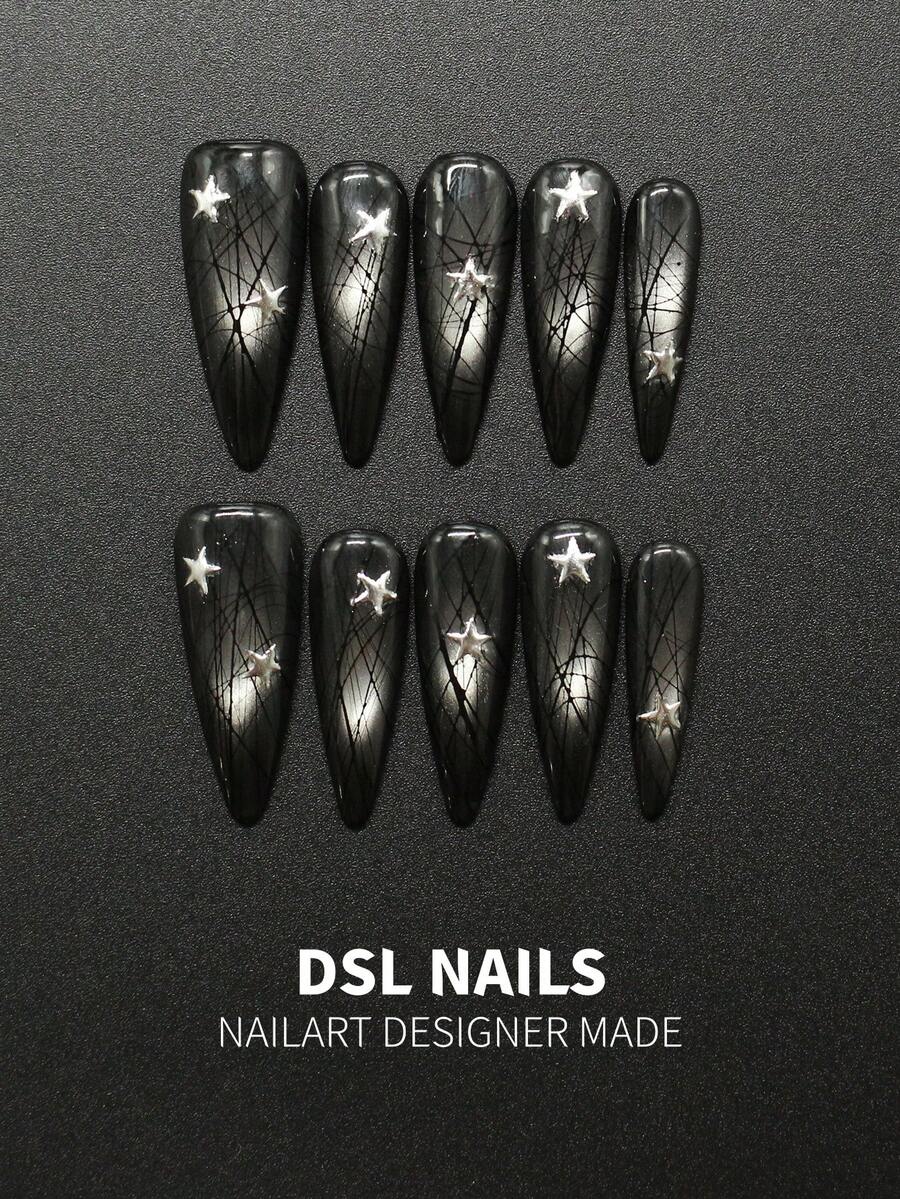 10pcs Handmade Stiletto Press-On Nails, Black-Silver Gradient Base With Delicate Black Crackle Texture And Metallic Silver Four-Pointed Stars, Dark Gothic Y2K Style, Sharp Pointed Shape For Visual Finger Lengthening, Suitable For Streetwear, Music Festivals, Parties And Niche Daily Looks, Comes With Full Set Of Nail Glue Tools For Easy Home DIY Manicure, Gift For Those Who Love Cool Dark Star Nails - Gradient Black - View 1