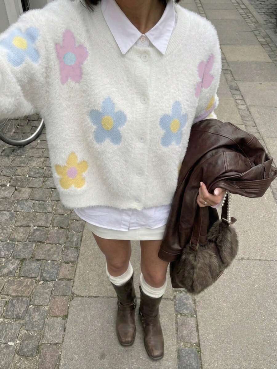 Girls Cute Floral Short Knit Cardigan, Faux Fur Trim, Suitable For Casual Wear In Spring, Autumn And Winter - White - View 1
