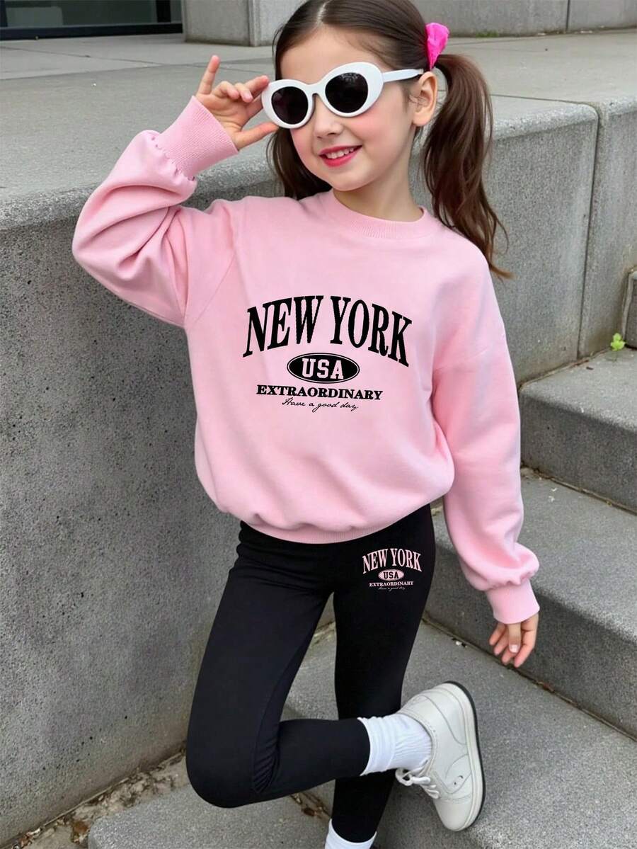 Young Girl Letter Print Crew Neck Long Sleeve Top And Leggings - Pink - View 1