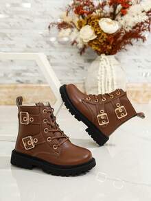 Girls' Double Buckle Boots, Autumn/Winter British Style Children's Side Zipper Ankle Boots, Thick Sole Non-Slip Fashion Casual Boots - Brown - View 1