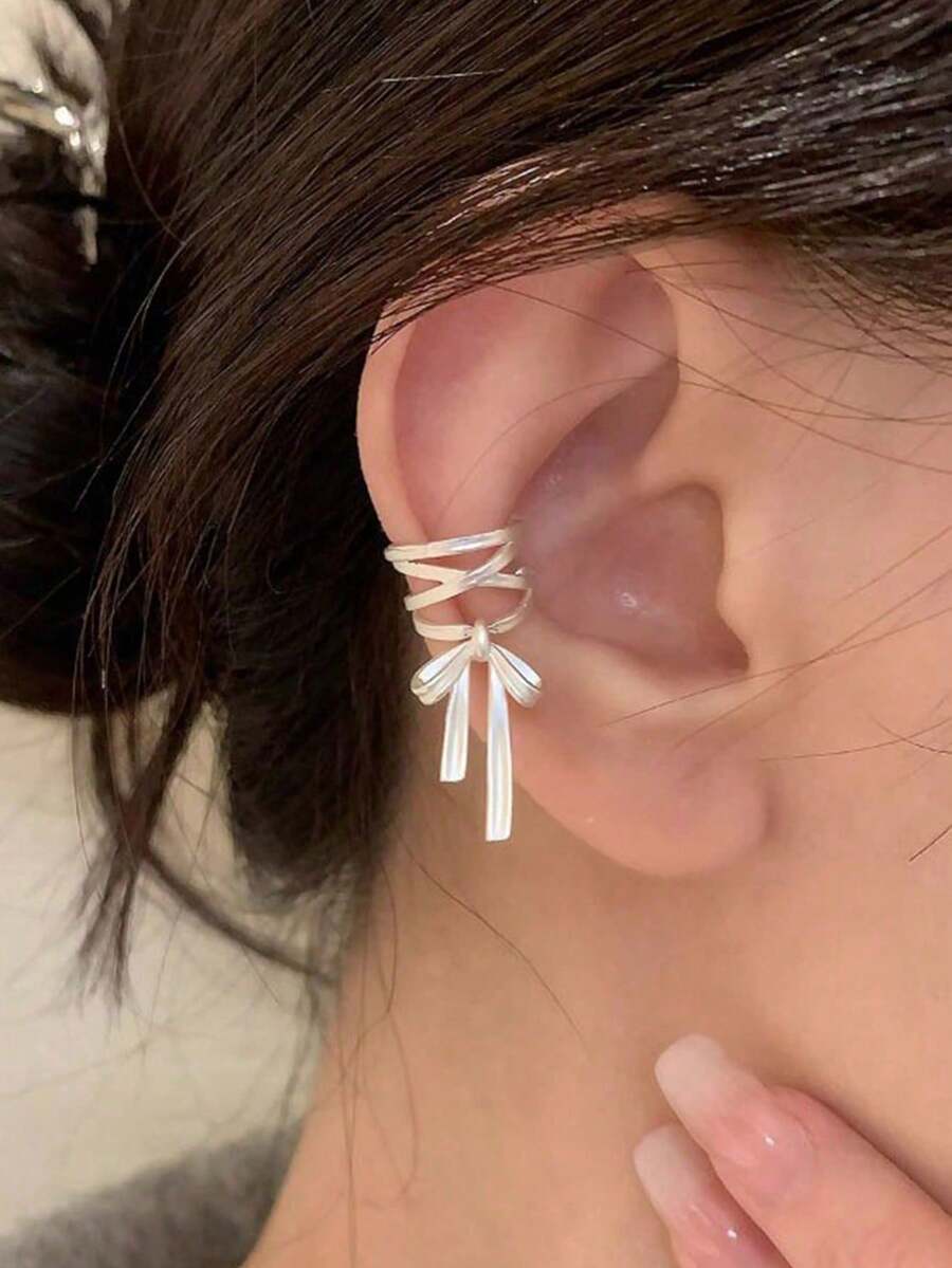 1 Pair Elegant Bow Ribbon High-Quality Ear Cuff Earrings For Women, No Piercing Required, Gift - Silver - View 1