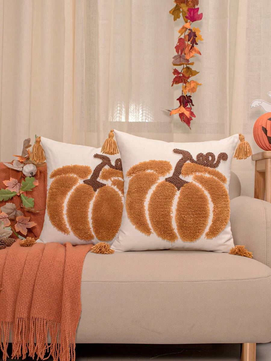 1pc Halloween Brown Pumpkin Pattern Square Pillow Case, Bohemian Chenille With Tufted Craft, Four-Corner Tassel Decoration, Country Pastoral Style, Suitable For Autumn Living Room, Bedroom, Sofa, Windowsill, Leisure Gathering, Etc., No Filling Included, 45*45cm