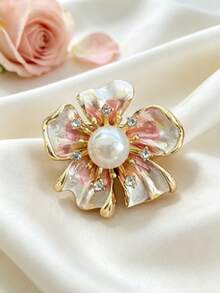 1Pc Sparkly Rhinestone Petal Flower Shape Pearl Inlaid Lapel Pin, Retro Chic Versatile Brooch, Jewelry For Ladies Daily & Gathering Wear - Floral Style B Pink - View 4
