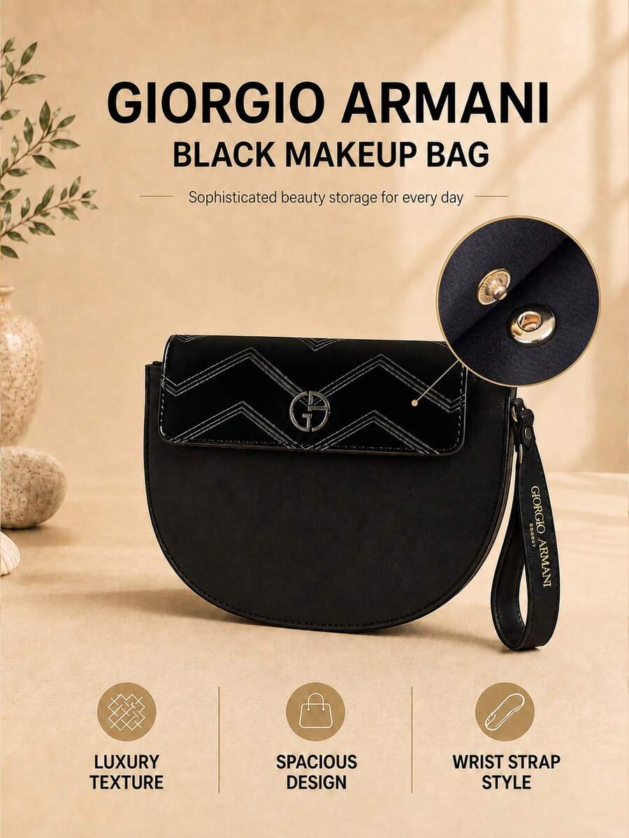 Giorgio Armani Armani Black Makeup Bag, 23*18cm, Snap Button Flap With Wrist Strap, Daily Storage For Makeup, Portable