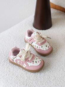 1 Pair Baby Girls' Retro Floral Soft Sole Casual Sneakers, Versatile Board Shoes - Pink - View 5