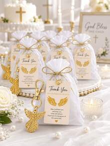 20 Sets Travel Guardian Angel Keychain Favors, Includes Organza Bags And Blessing Cards, Suitable For Baby Shower, Gender Reveal, Birthday, Baptism, Anniversary And Guest Return Gifts - Gold - View 2