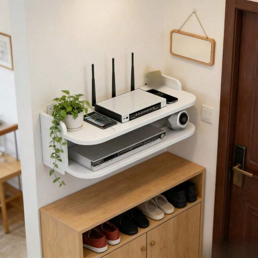 Wall-Mounted Router & WiFi Organizer - Space-Saving Cable Management Shelf For Modems, Set-Top Boxes & TV Accessories | No-Drill Installation, Ventilated Design For Neat Home & Office Setups, Utility Racks