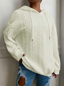 Plus Size Women Loose Casual Solid Color Jacquard Long Sleeve Hooded Sweatshirt Spring - Beige - View 7