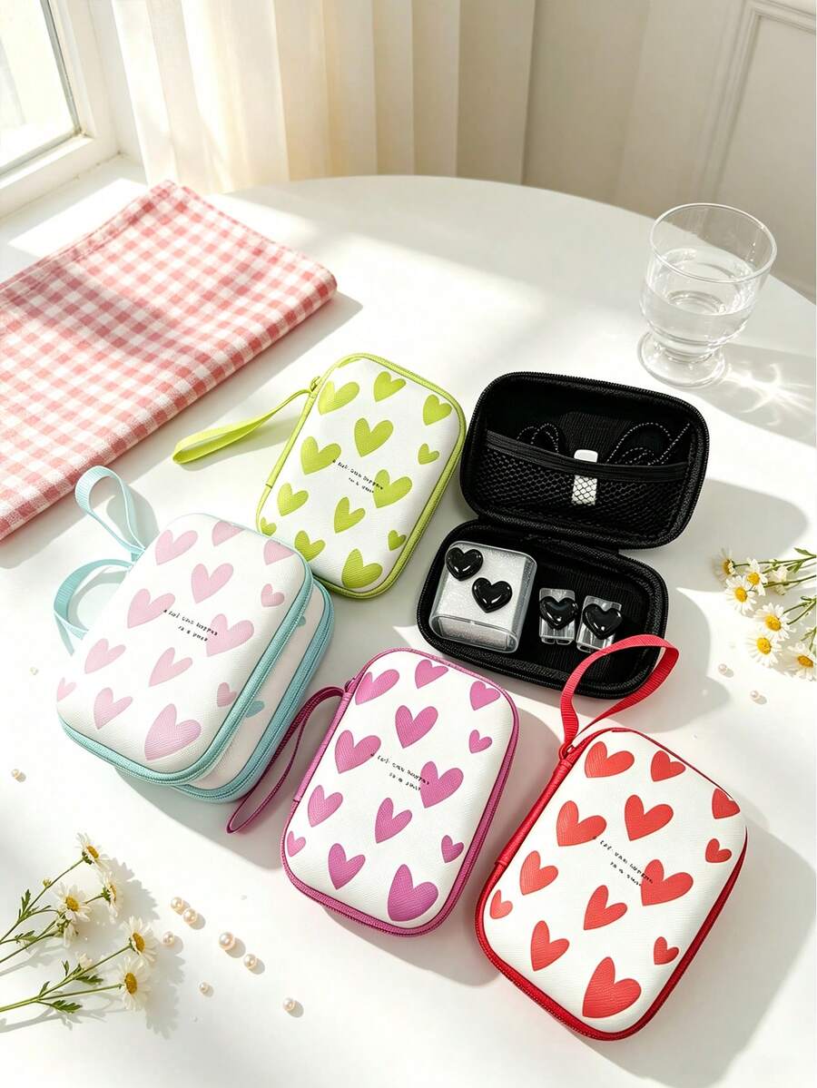 Set Penyimpanan Kabel Data Hati Berkilau 6 Buah, Tas Organizer Aksesori Pengisian Daya Cangkang Keras EVA Lucu dengan Pelindung Pengisi Daya dan Pengatur Kabel, Kantong Penyimpanan Aksesori Digital Portabel untuk Perjalanan - MultiWarna - View 1