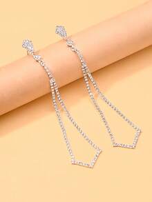 FAAABULS 1pc Rhombus Rhinestone Long Chain Tassel Drop Earrings, Hollow Rhombus Frame Pendant Earrings, Women's Daily Commute Party Evening Jewelry - Rhinestones - View 10