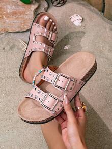 Pink Rivet Double Buckle Women's Slippers, Adjustable Design Flat Outdoor Slides For Summer - Pink - View 11