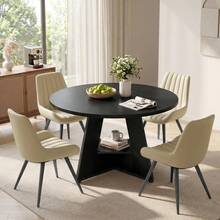 Modern 5 Piece 47 Inch Round Dining Table Set With 4 Padded Chairs, Space Saving Kitchen Table Set With Storage Shelf For Small Apartment Dining Room, Walnut Table Brown Chairs - Black - View 9