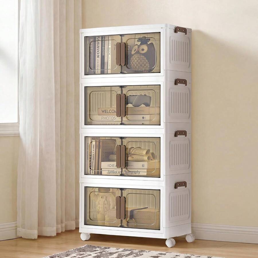 43 Cm Home Storage Cabinet, Multi Layer Foldable Storage Organizer With Transparent Doors And Mobile Casters, Modular Cabinet Combination For Bedroom Kids Room Study Room Kitchen Household Storage Organization - White - View 1