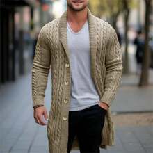 Men Cable Knit Long Cardigan Shawl Collar Button Down Thick Long Sleeve Sweater Coat - Khaki - View 4