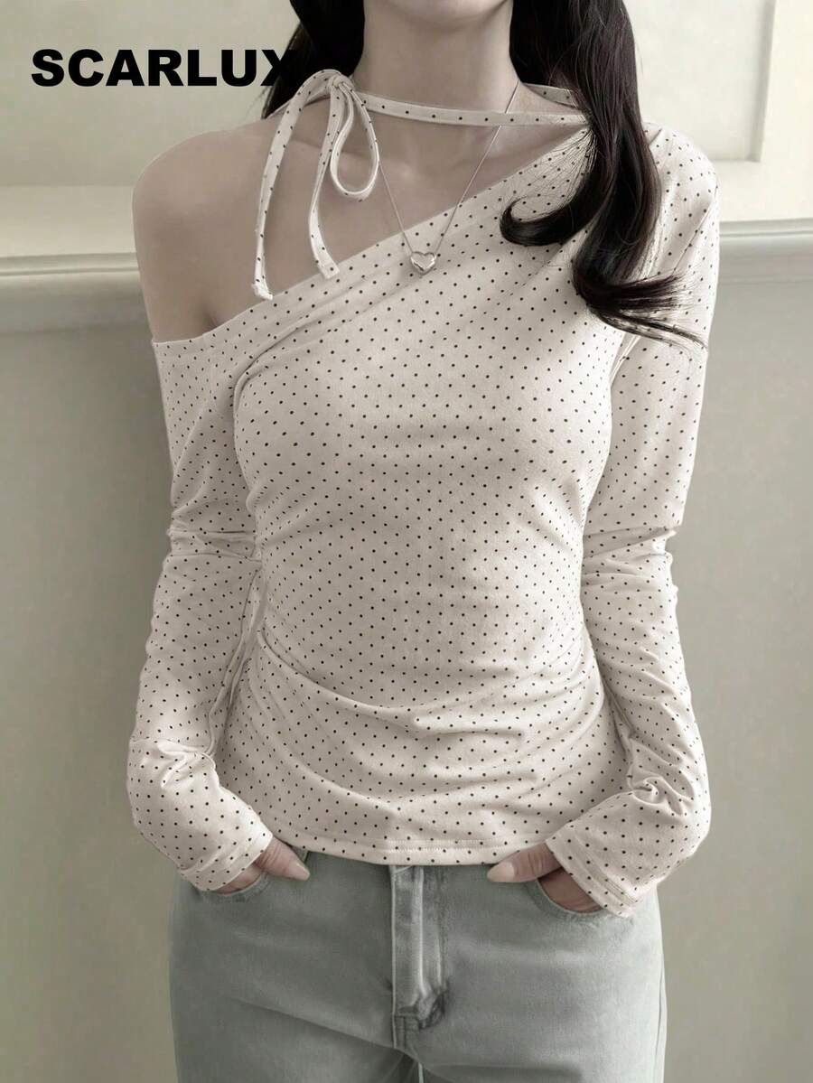 SCARLUX 秋季 Y2K 女款波點露肩上衣,白色長袖修身上衣,適合返校季街頭穿搭 - 米白色 - 查看 1