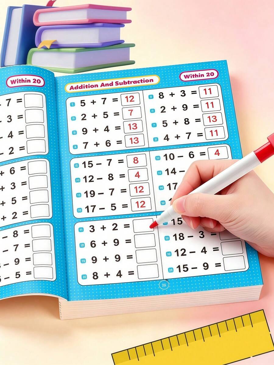 1pc Addition & Subtraction Within 20 Children's Math Workbook, Kindergarten Fun Arithmetic Problems, Home Classroom Travel Early Education Enlightenment Practice Book, Suitable For Preschool And Kindergarten Stage, Includes Math Activity Manual, Educational Learning Worksheets, Aimed At Cultivating Early Math Skills, Suitable For Home Teaching And Classroom Use - Multicolor - View 1