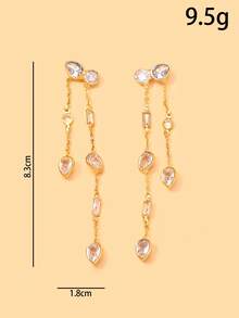 FAAABULS 1pc Asymmetrical Teardrop & Rectangular Rhinestone Long Chain Tassel Earrings, Shiny Multi-Faceted Dangle Earrings For Women, Daily Commute, Bridal Wedding Jewelry - Rhinestones - View 6