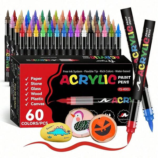 12/24/48/60 Colors Professional Art Marker Set, With Soft Tips And Fine Line Tips, 168 Soft Tips, Suitable For Painting, Doodling And Layering. Straight Barrel Liquid Acrylic Markers Applicable To Rock, Glass, Ceramic, Easter Eggs, Metal, Wood And Other Materials, Waterproof. Perfect Back To School Gift For Family And Friends...