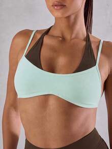Sodalemon Women's Colorblock 2 In 1 Sports Bra, Adjustable Spaghetti Strap Halter Neck Yoga Fitness Top, Gym Workout Pilates Activewear - Baby Blue - View 4