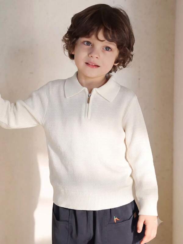 Back To School Boys Toddler Preppy Solid Color Wavy Pattern Half-Zip Polo Collar Sweater Long Sleeve Knit Pullover Suitable For School Spring Autumn Winter