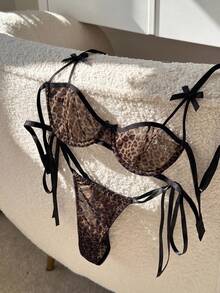 Women's Sexy Leopard Print Lingerie Set, 2pcs Sheer Mesh Underwire Bra And Panty Set - Black - View 2