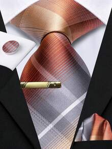 Orange Necktie Pocket Square Cufflinks Tie Clip 4pcs Set For Spring Outdoor Festival & Summer Patio Party - Orange - View 1