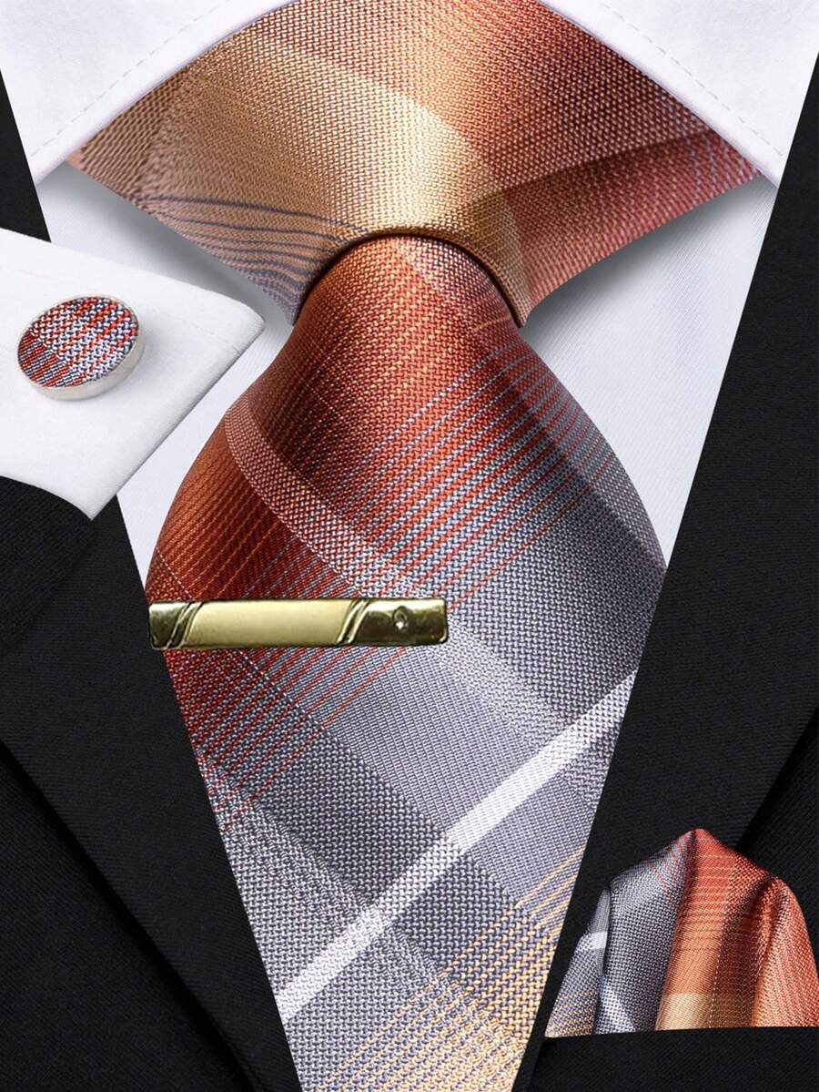 Orange Necktie Pocket Square Cufflinks Tie Clip 4pcs Set For Spring Outdoor Festival & Summer Patio Party - Orange - View 1