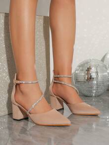 Pointed Toe Chunky High Heels, Rhinestone Strap Decor Elegant Noble Style Suitable For Banquet Party Wear, Fashionable Versatile Hollow Women's Shoes. Black High Heels Red High Heels. - Apricot - View 3