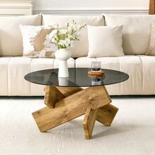 Mesa de centro redonda de MDF + vidrio, disponible en varios colores: Estructura de madera en forma de cruz, creativa, sencilla y elegante.79 de diámetro, superficie de vidrio templado de 0,8 de grosor. - Madera + MDF + vidrio - Ver 8