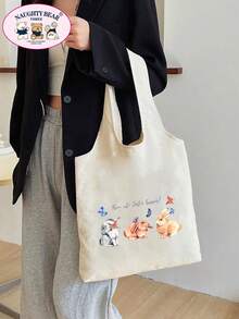 1件米色 3 Rabbits 可愛兔子英文印花女款帆布托特購物袋 - 米色 - 查看 3