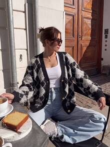 Women's Diamond Pattern Fluffy Knit Cardigan, V-Neck Decorative Button Loose Sweater Jacket, Suitable For Thanksgiving And Christmas Outfits - Black - View 8