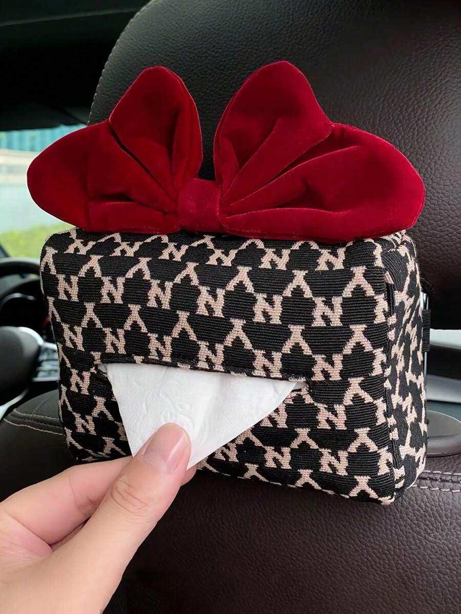 1pc Car Tissue Box, Jacquard Multifunctional Hanging Drawer Box, Car Armrest Box Bowknot Tissue Holder - A - View 1