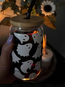 Niche Dark Style Halloween Glass Can Straw Cup With Bamboo Lid, Atmospheric Iced Latte Juice Water Drinking Cup - Multicolor - View 6