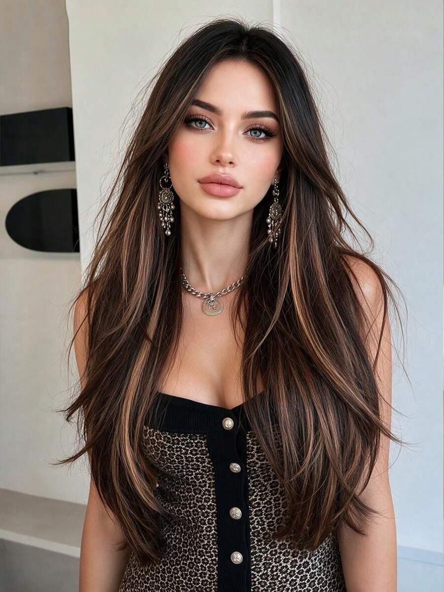 Natural Deep Brown Highlighted Long Wavy Layered Wig 61cm Middle Part Synthetic Fiber Wig Suitable For Daily Fashion, Halloween Christmas Party, Gothic Witch Cosplay, Comes With Wig Cap