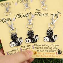 1/3/5/10pcs Black Skull Cat Keychain Set With Pocket Hug Card, Halloween Party Decoration Pendant, Halloween Atmosphere Gift - Multicolor - View 5