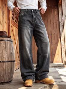 Men's Vintage Grey Gradient Cat Whisker Wide Leg Jeans, Black-Grey Gradient Distressed Washed Double Layer Horizontal Panel Stitching, Casual Versatile Denim Pants - Grey - View 4
