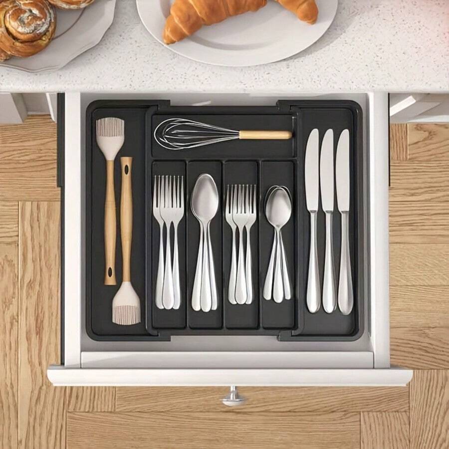 1pc 8.5-14.4 Inch Adjustable Expandable Kitchen Drawer Organizer, 7-Compartment Cutlery Tray, Kitchen Utensil Organizer, Durable Plastic Cutlery Divider - Multicolor - View 1
