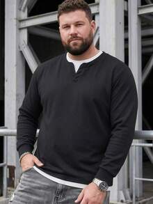Plus Size Men's Henley Collar 2 In 1 Sweatshirt, Double Layer Hem Patchwork Loose Fit Casual Long Sleeve Pullover Top - Black - View 4