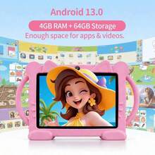 Tablet 7 inci dengan RAM 4GB + ROM 64GB / Prosesor Quad-Core 1.3GHz / Android 13 MTK6735 / Layar IPS HD 1280x800 / Kamera 2MP+5MP / Baterai 4000mAh / WiFi, Kontrol Orang Tua, Edukasi, Game / Bahan ABS + Silikon, Tablet Edukasi - Biru - View 4