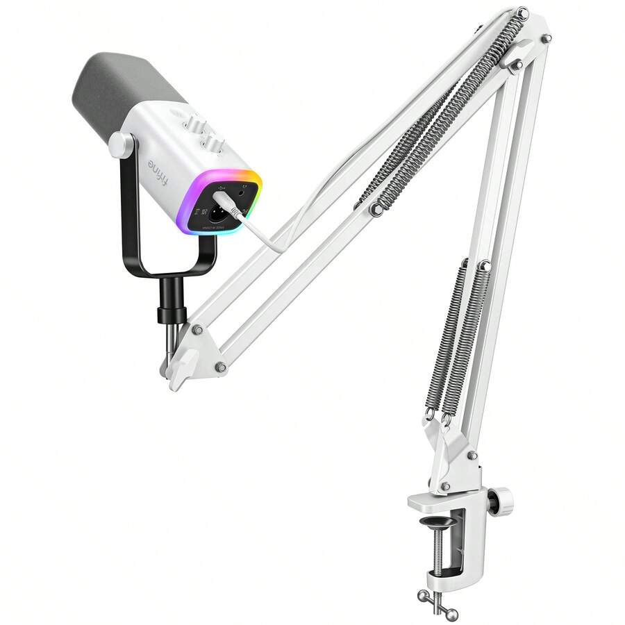 FIFINE AM8T USB/XLR 麦克风套装，带悬臂支架，动圈心形指向电容麦克风，适用于电脑，带可控 RGB 灯光、耳机插孔、静音按钮，适合游戏、直播、录音 - 白色麦克风套装