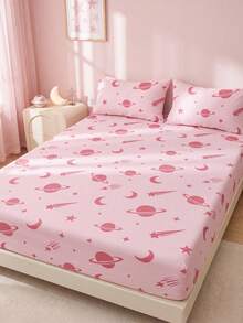 1pc Pink Space Planet Pattern Fitted Sheet, Bedding, Mattress Protector, Home Textile, Soft, Wrinkle-Resistant, Breathable & Comfortable, Suitable For All Bed Sizes, Dorm Bedding, Home Decor, Pillow And Pillowcase Not Included, Deep Pocket, Back To School - Multicolor - View 7