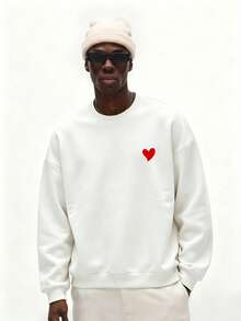Sudadera casual de cuello redondo con estampado de corazón, corte holgado para hombre, primavera/otoño - Blanco - Ver 1