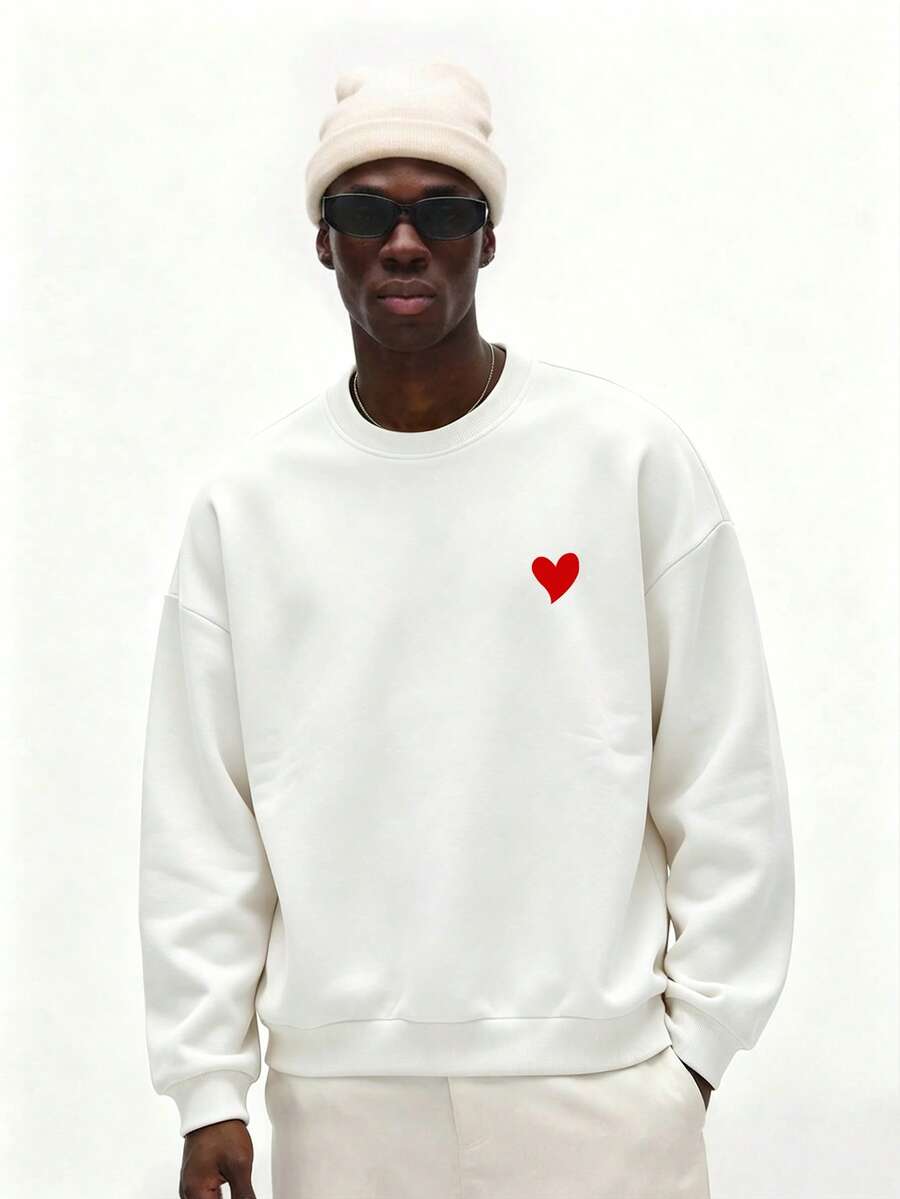Sudadera casual de cuello redondo con estampado de corazón, corte holgado para hombre, primavera/otoño - Blanco - Ver 1