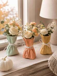 Bag-Shaped Resin Vase, Pleated Bag Design With Bow Rope Decoration, Modern Aesthetic Tabletop Vase, Home Living Room Bookshelf Decor - Multiple Styles - View 2