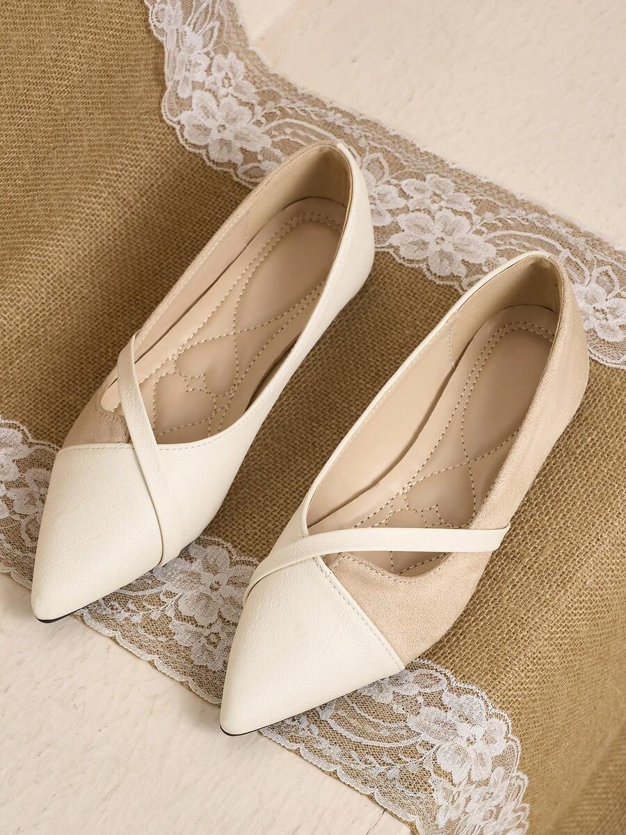 Pointed Toe Low Vamp Bow Flat Shoes, Delicate Satin Texture Soft And High-End, Versatile Shoes. - Beige - View 1