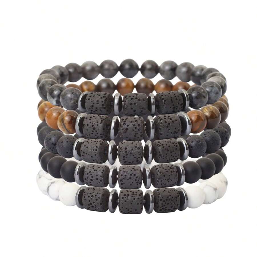 8mm Natural Stone Barrel Bead Elastic Bracelet, Natural Yellow Tiger Eye/Flame Stone/White Turquoise Inlaid With Black Onyx Spacer, Wear-Resistant Durable Non-Fading, Versatile Style For Men And Women, Couple Style - Multicolor - View 1