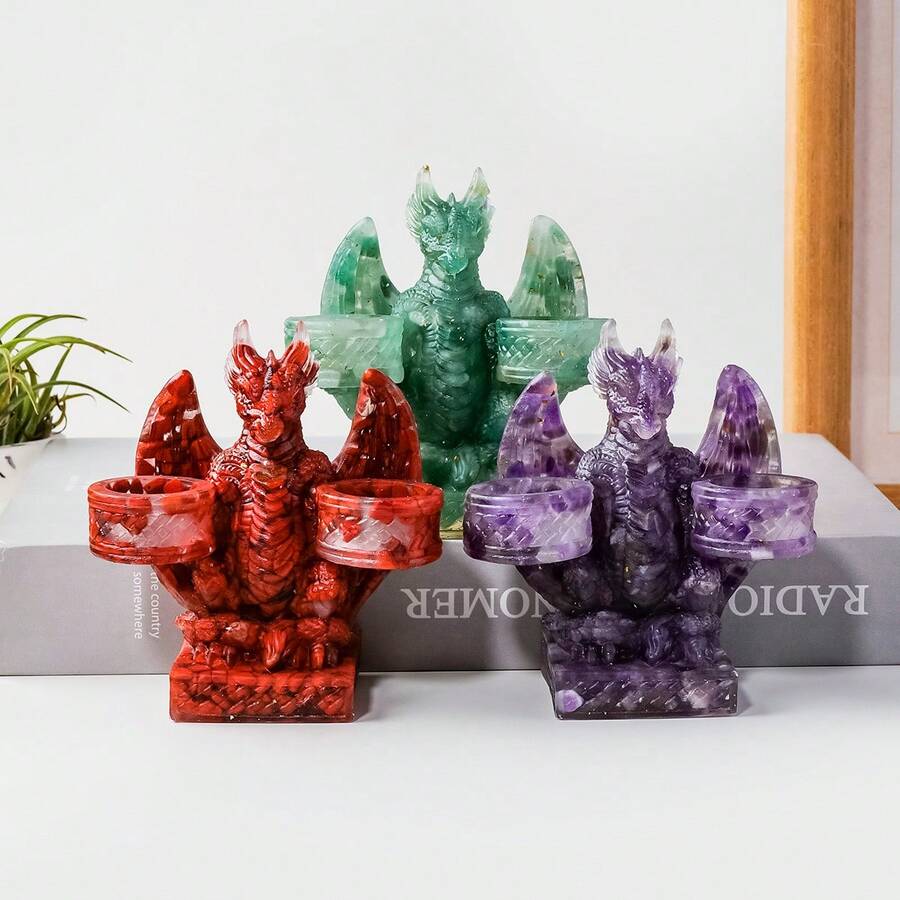 1PC Natural Amethyst Crystal Dragon Statue, Double Candle Holder Figurine, Reiki Healing Feng Shui Decor, Home & Office Desktop