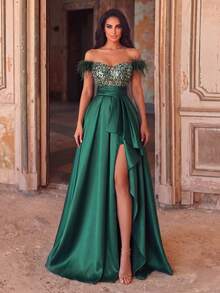 Elegant Green Off-Shoulder Sequin Beaded Long Ball Gown, Asymmetrical Flared Hem, Perfect Party Formal Evening Dress - Dark Green - View 6