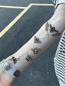 1 Sheet Minimalist Sketch Bee Temporary Tattoos Set, Assorted Honeybee Patterns With Leaf Branch & Crown Design Fake Tattoo Stickers, Waterproof Dainty Arm Decor, Nature Insect Accessories For Men Women - Black - View 3
